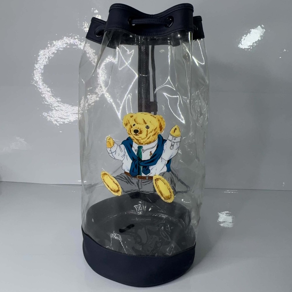 VTG Polo Ralph Lauren Polo Bear Clear PVC Bucket Backpack Navy Drawstring RARE